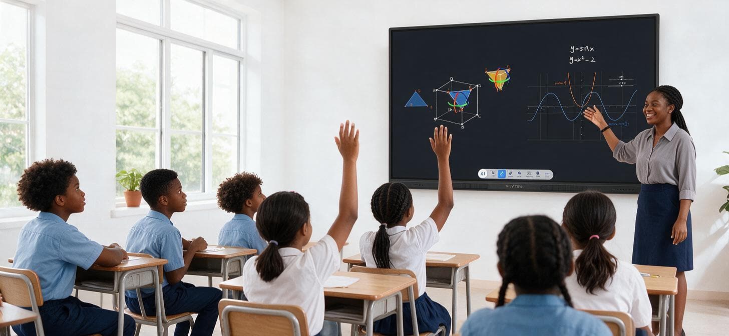A teacher at a Smart Blackboard showing graphs and 3D geometry while students raise their hands