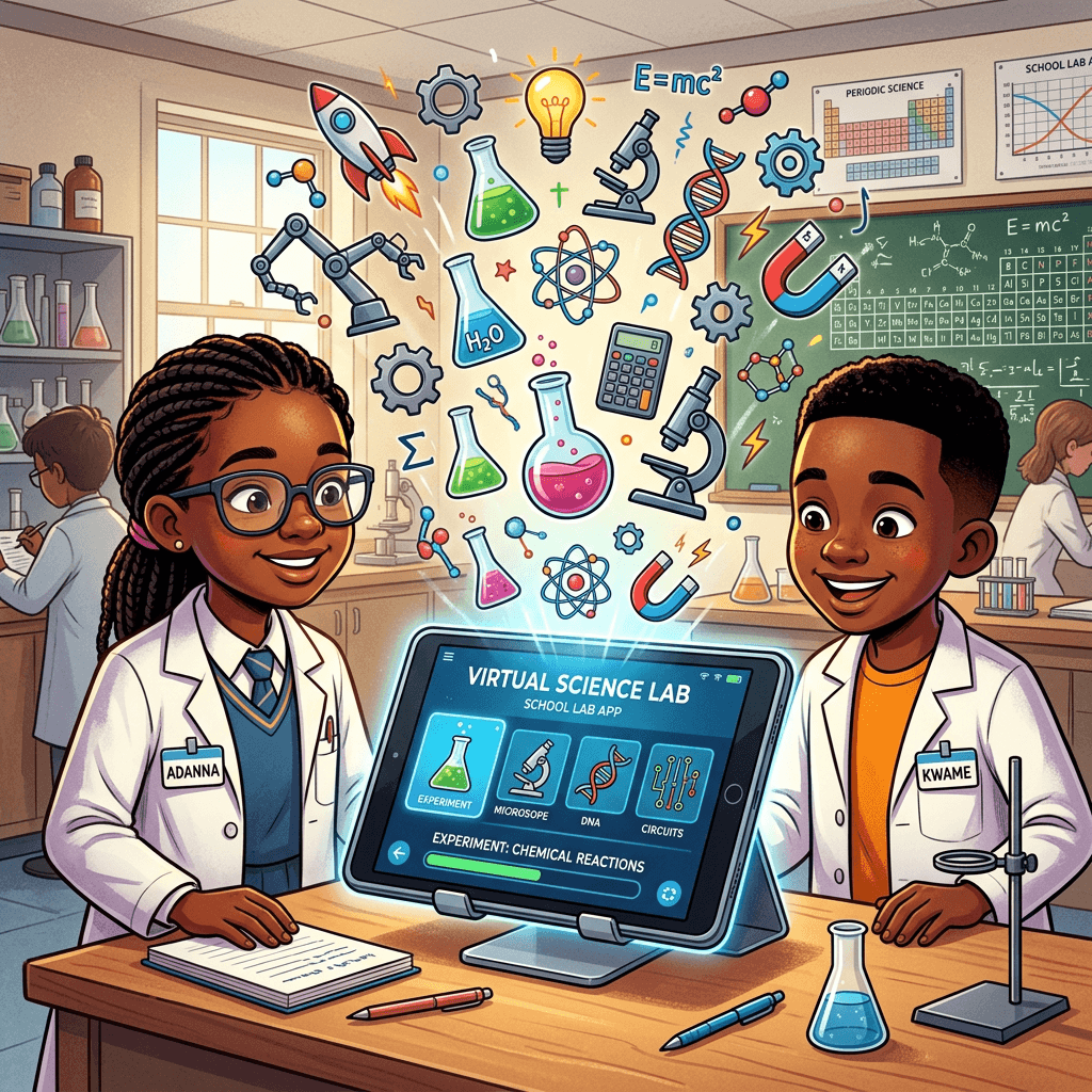 Two students in lab coats running a chemical reactions experiment on the Virtual Science Lab app